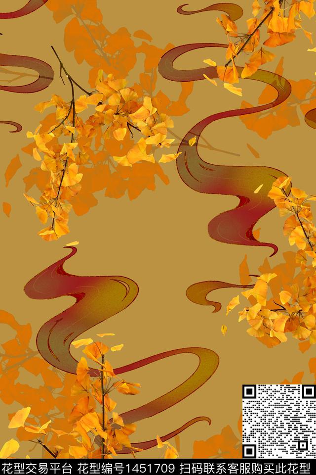 线条绿植树叶复古数码印花华亿平台下载（图片编号: 1451709） - 瓦栏（Walan）