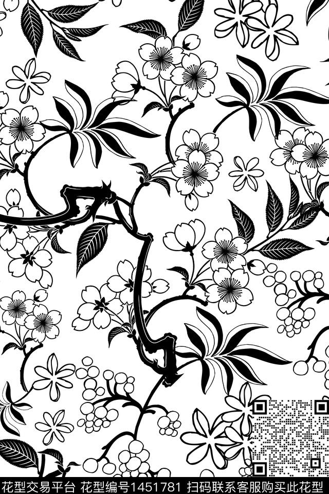 线条花卉矢量黑白华亿平台传统印花华亿平台下载（图片编号: 1451781） - 瓦栏（Walan）