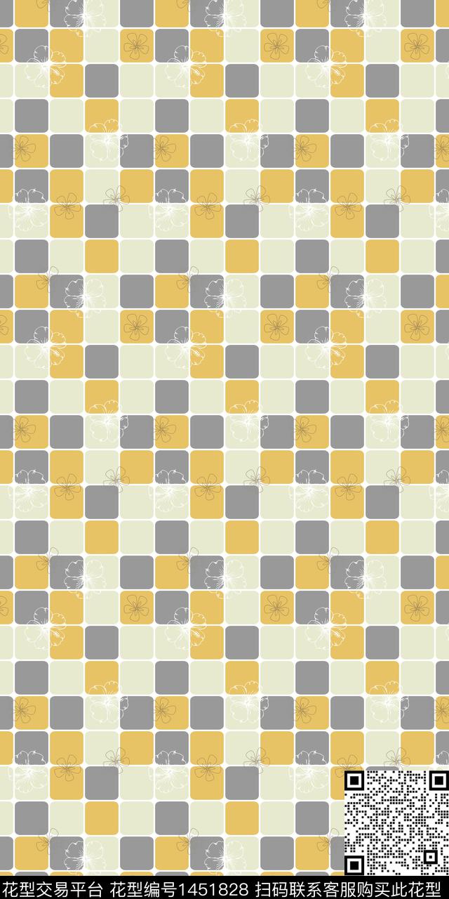 格子线条花卉几何数码印花华亿平台下载（图片编号: 1451828） - 瓦栏（Walan）