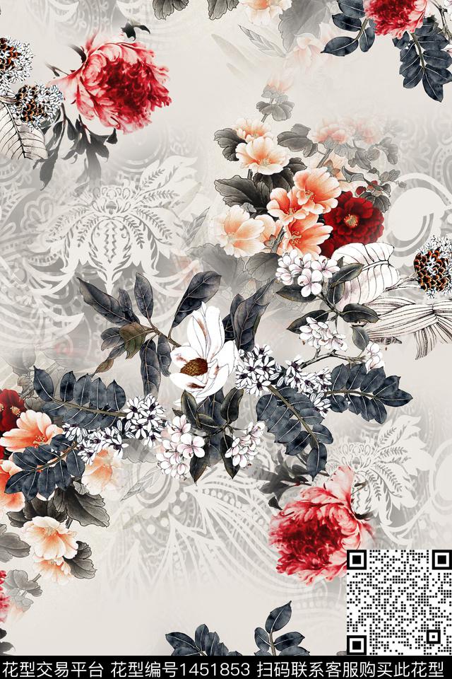 花卉香云纱中国风数码印花华亿平台下载（图片编号: 1451853） - 瓦栏（Walan）