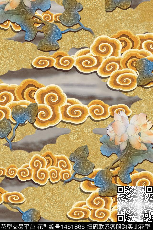 中国风真丝荷花数码印花华亿平台下载（图片编号: 1451865） - 瓦栏（Walan）