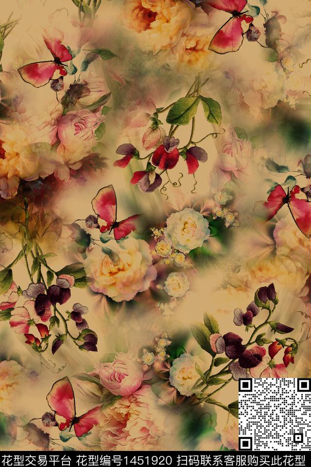 花卉香云纱中国风数码印花华亿平台下载（图片编号: 1451920） - 瓦栏（Walan）
