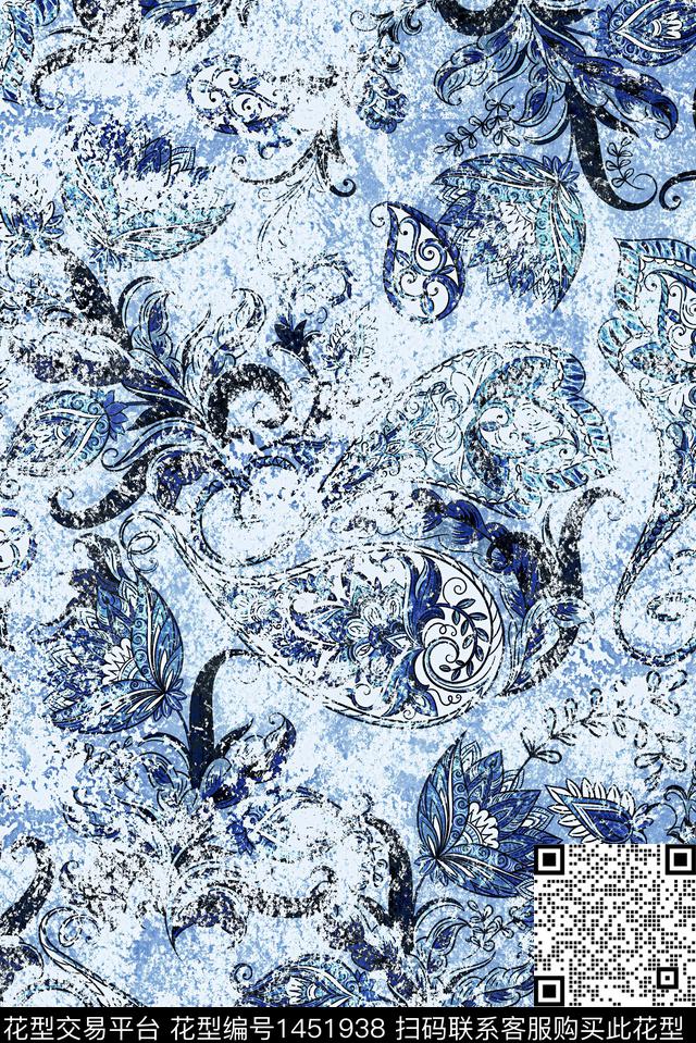 香云纱中国风青花瓷数码印花华亿平台下载（图片编号: 1451938） - 瓦栏（Walan）