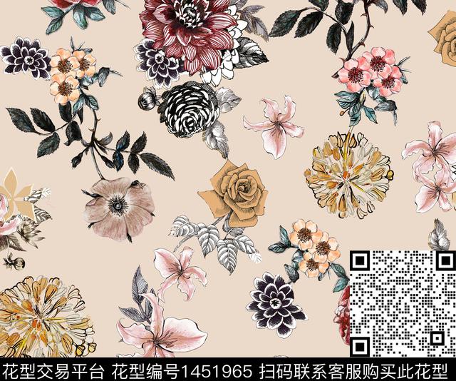 花卉手绘米色底数码印花华亿平台下载（图片编号: 1451965） - 瓦栏（Walan）