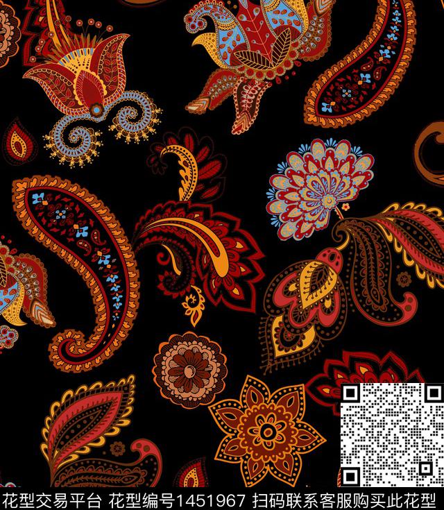 佩斯利复古黑底花卉传统印花华亿平台下载（图片编号: 1451967） - 瓦栏（Walan）