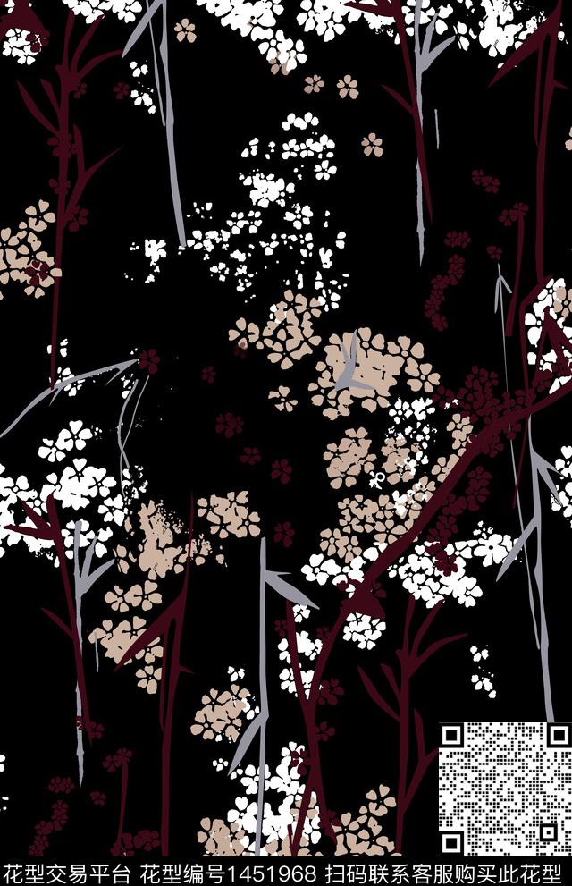 花卉抽象黑底花卉传统印花华亿平台下载（图片编号: 1451968） - 瓦栏（Walan）