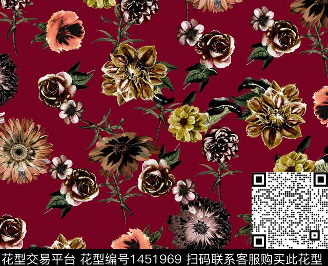 水彩花卉酒红底数码印花华亿平台下载（图片编号: 1451969） - 瓦栏（Walan）