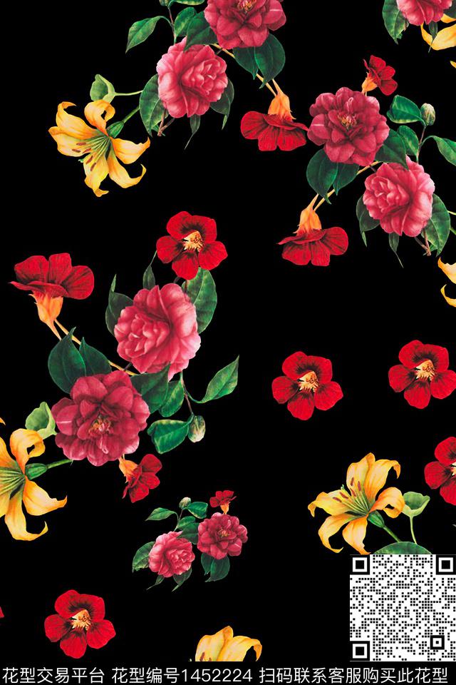 黑底花卉水彩绿植树叶传统印花华亿平台下载（图片编号: 1452224） - 瓦栏（Walan）