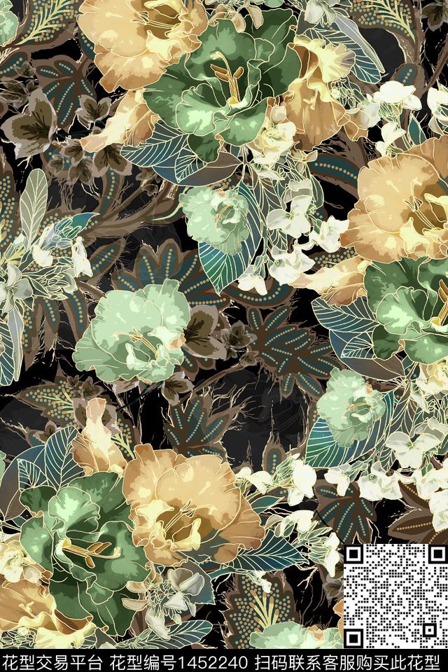 时尚花卉真丝数码印花华亿平台下载（图片编号: 1452240） - 瓦栏（Walan）