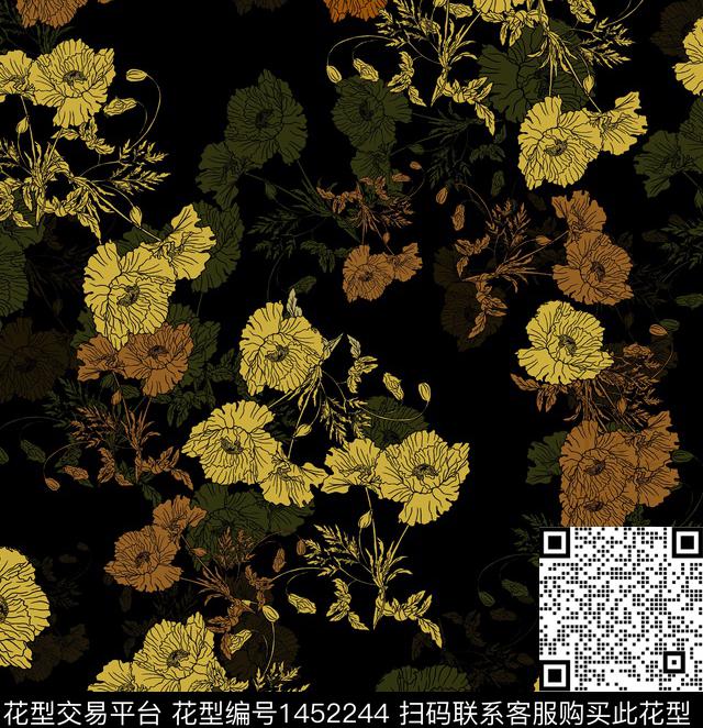 时尚花卉真丝数码印花华亿平台下载（图片编号: 1452244） - 瓦栏（Walan）