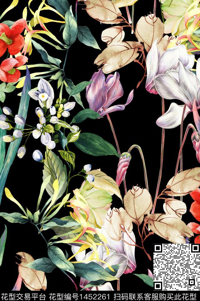 黑底花卉花卉大牌风数码印花华亿平台下载（图片编号: 1452261） - 瓦栏（Walan）