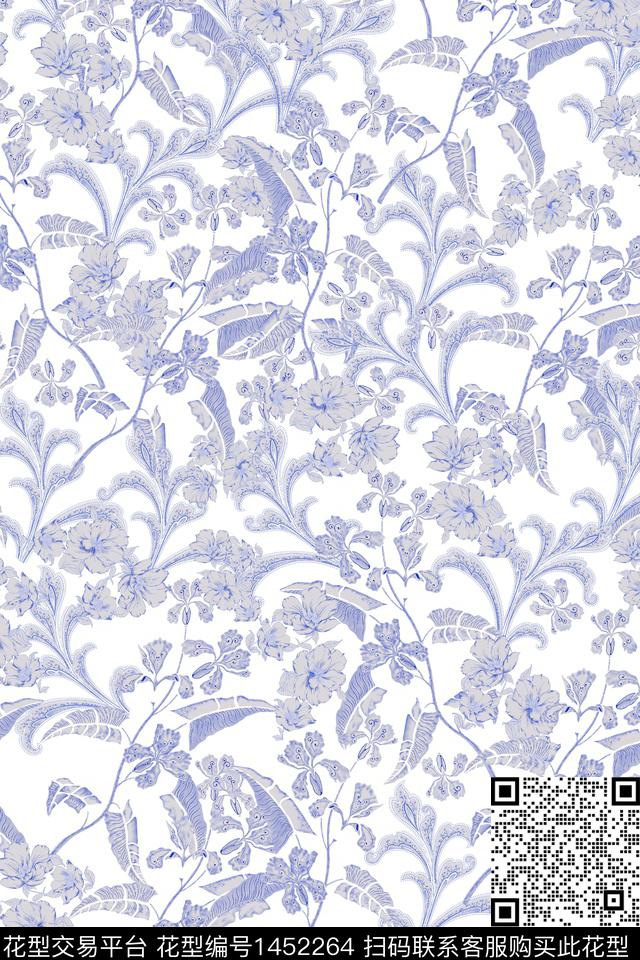 青花瓷清爽底花卉大牌风数码印花华亿平台下载（图片编号: 1452264） - 瓦栏（Walan）