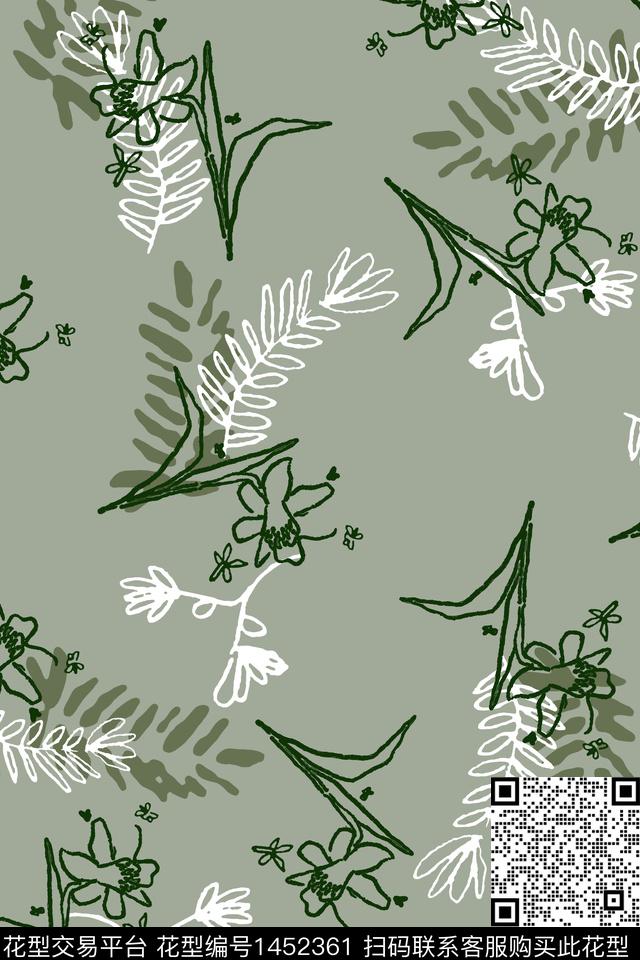 线条花卉年轻女性数码印花华亿平台下载（图片编号: 1452361） - 瓦栏（Walan）