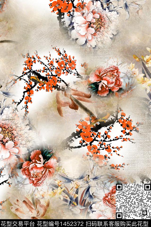 花卉香云纱中国风数码印花华亿平台下载（图片编号: 1452372） - 瓦栏（Walan）