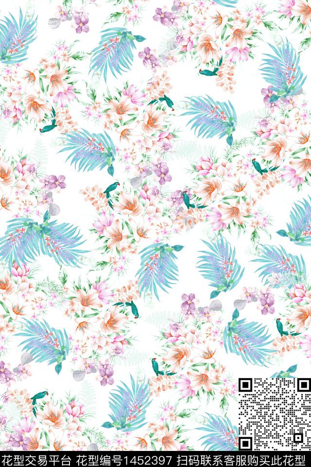绿植树叶清爽底花卉大牌风数码印花华亿平台下载（图片编号: 1452397） - 瓦栏（Walan）