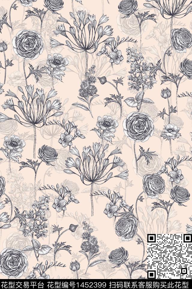 清爽底花卉花卉大牌风数码印花华亿平台下载（图片编号: 1452399） - 瓦栏（Walan）
