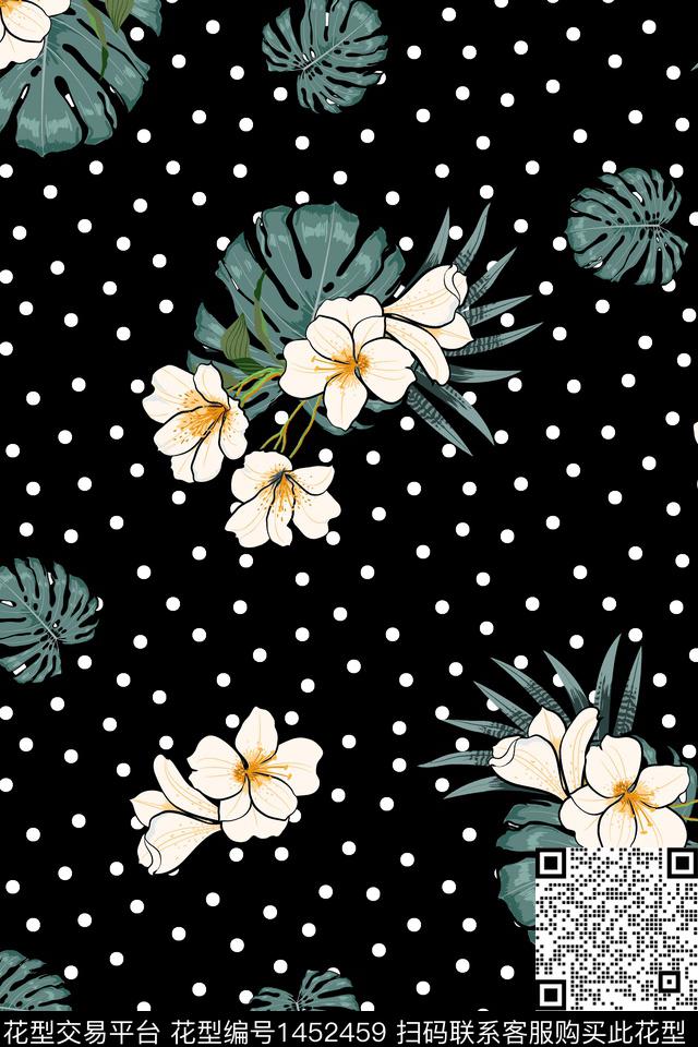 黑底花卉大牌风大花传统印花华亿平台下载（图片编号: 1452459） - 瓦栏（Walan）