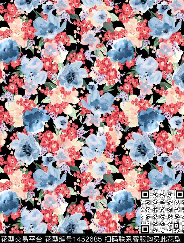 水彩花卉手绘大花叶片数码印花华亿平台下载（图片编号: 1452685） - 瓦栏（Walan）