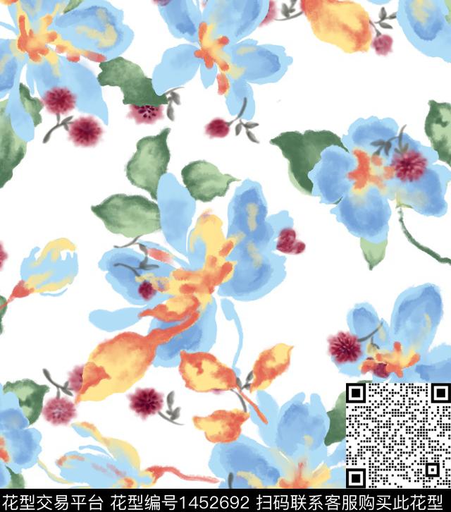 爱心手绘花卉手绘大花数码印花华亿平台下载（图片编号: 1452692） - 瓦栏（Walan）