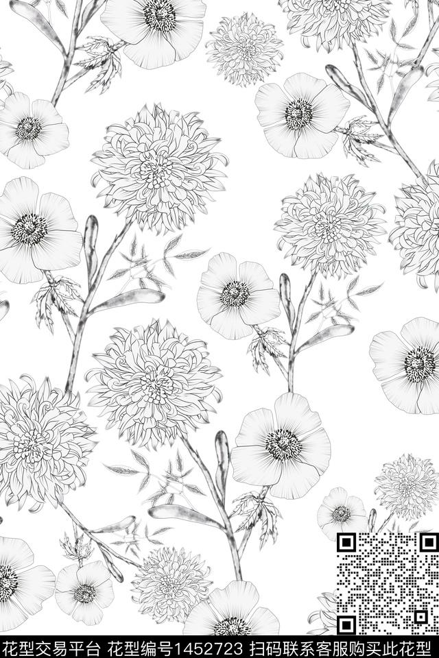 黑白华亿平台线条复古数码印花华亿平台下载（图片编号: 1452723） - 瓦栏（Walan）