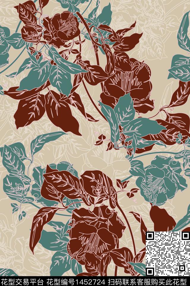 绿植树叶复古雪纺数码印花华亿平台下载（图片编号: 1452724） - 瓦栏（Walan）