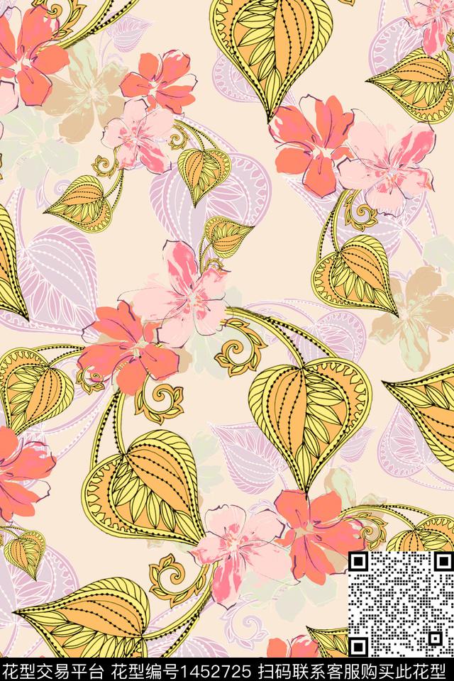 绿植树叶民族风雪纺数码印花华亿平台下载（图片编号: 1452725） - 瓦栏（Walan）