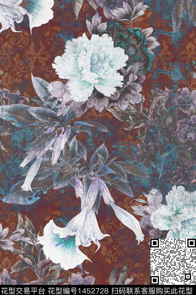 花卉香云纱中国风数码印花华亿平台下载（图片编号: 1452728） - 瓦栏（Walan）