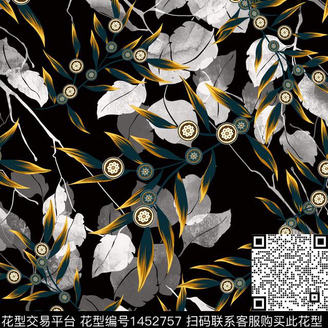 黑底花卉几何大牌风传统印花华亿平台下载（图片编号: 1452757） - 瓦栏（Walan）