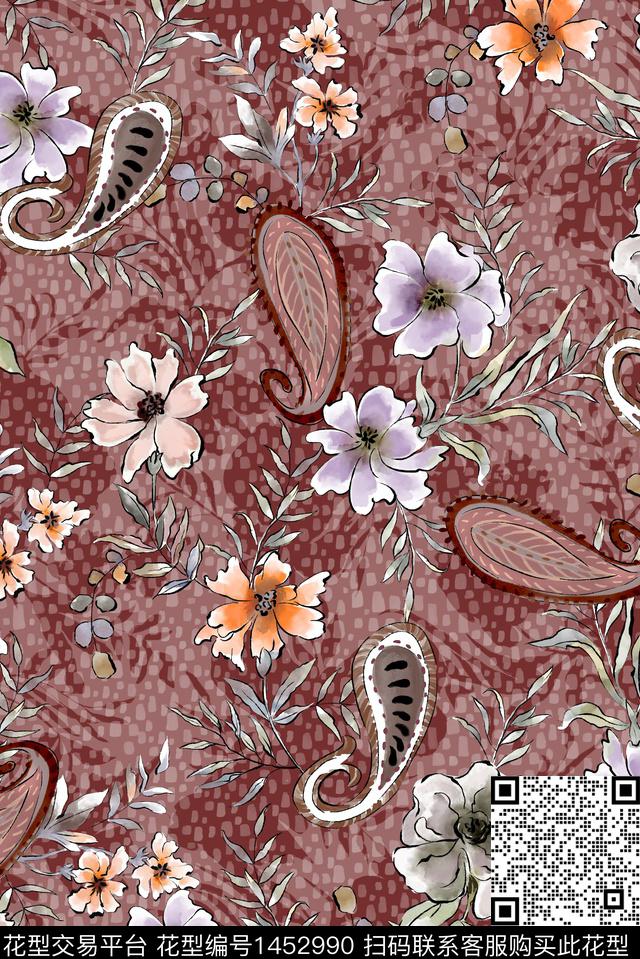 几何花卉水彩花卉数码印花华亿平台下载（图片编号: 1452990） - 瓦栏（Walan）