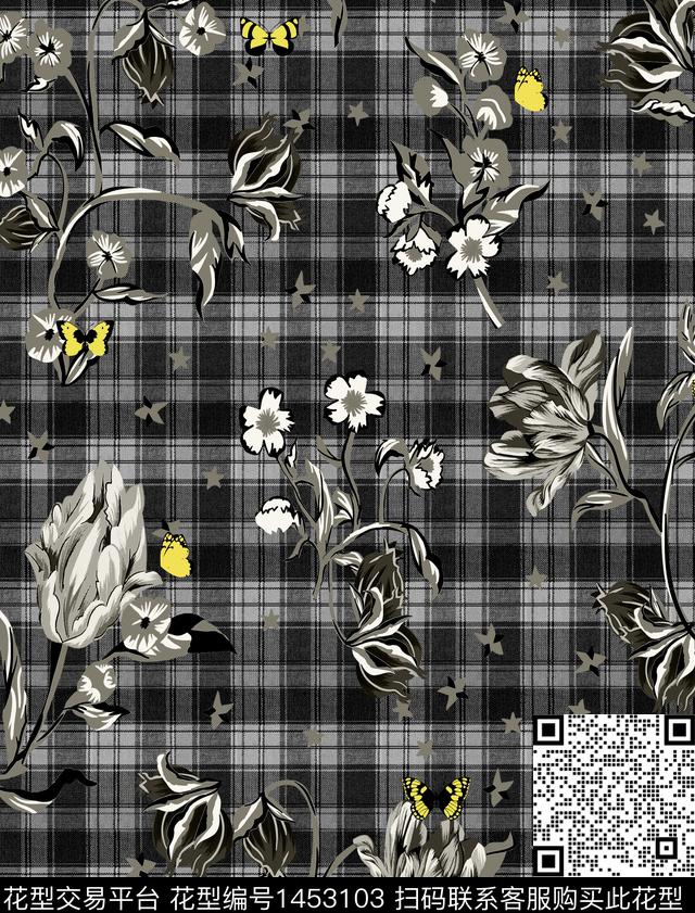 花卉蝴蝶格子花卉数码印花华亿平台下载（图片编号: 1453103） - 瓦栏（Walan）