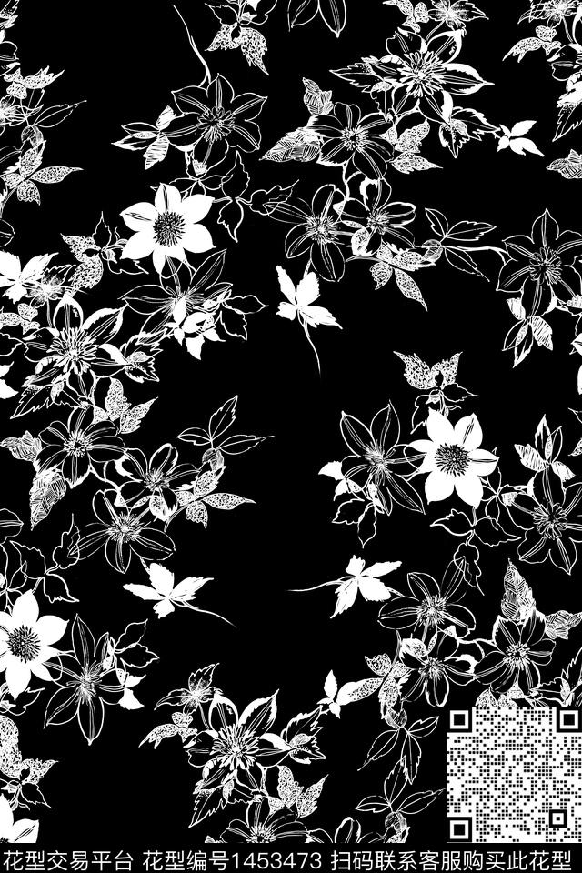 黑白华亿平台清爽底花卉花卉数码印花华亿平台下载（图片编号: 1453473） - 瓦栏（Walan）