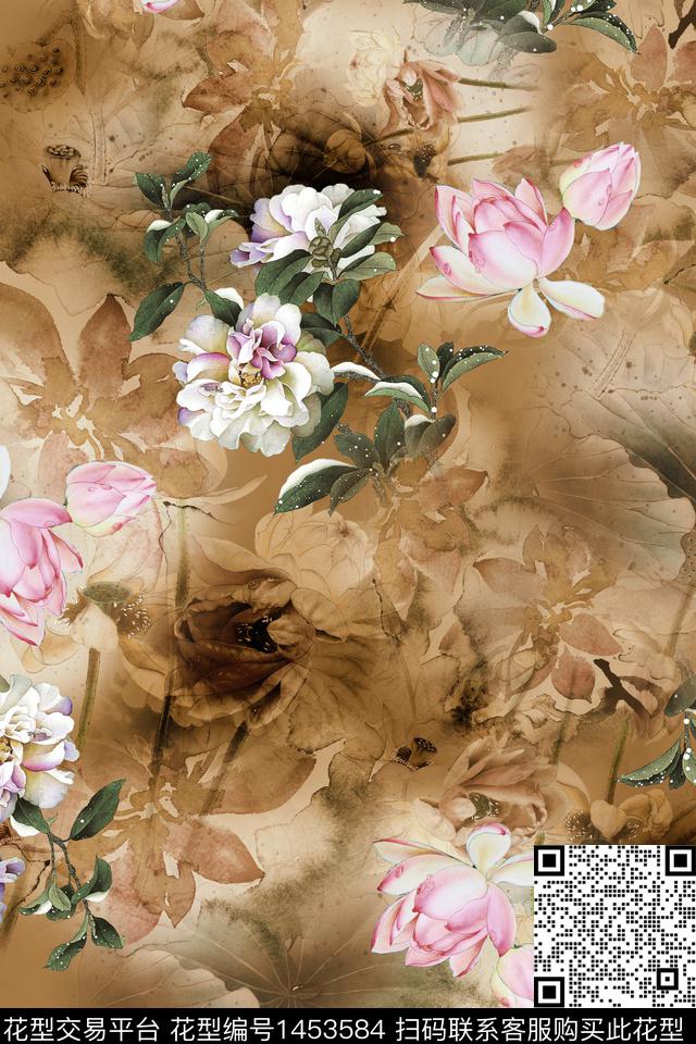 花卉香云纱中国风数码印花华亿平台下载（图片编号: 1453584） - 瓦栏（Walan）