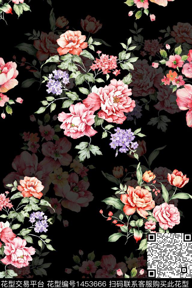 时尚花卉真丝数码印花华亿平台下载（图片编号: 1453666） - 瓦栏（Walan）