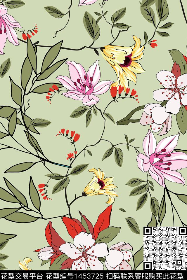 清爽花卉绿植树叶纯底花朵传统印花华亿平台下载（图片编号: 1453725） - 瓦栏（Walan）
