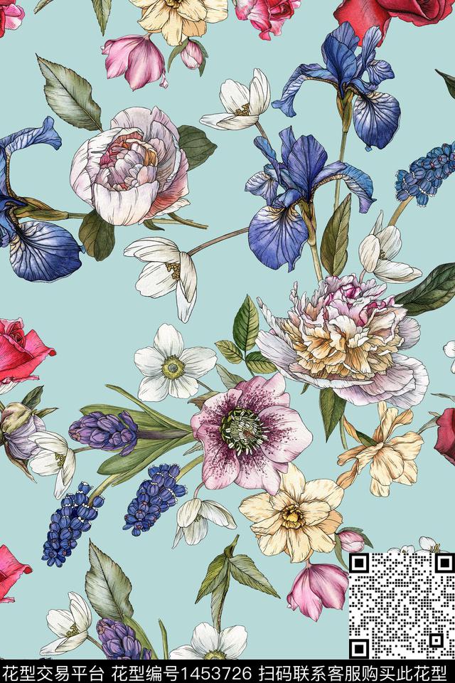 鲜花玫瑰花手绘花卉数码印花华亿平台下载（图片编号: 1453726） - 瓦栏（Walan）