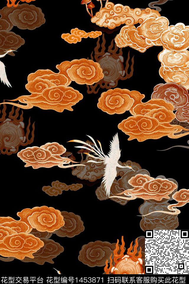 仙鹤祥云大牌风数码印花华亿平台下载（图片编号: 1453871） - 瓦栏（Walan）
