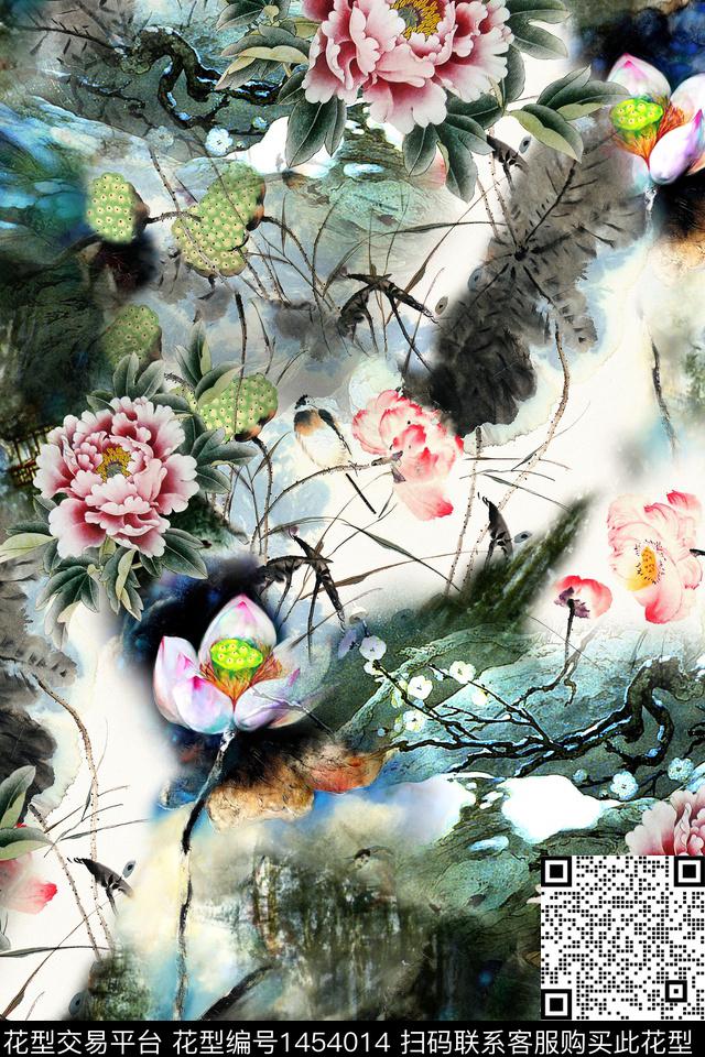 花卉香云纱中国风数码印花华亿平台下载（图片编号: 1454014） - 瓦栏（Walan）