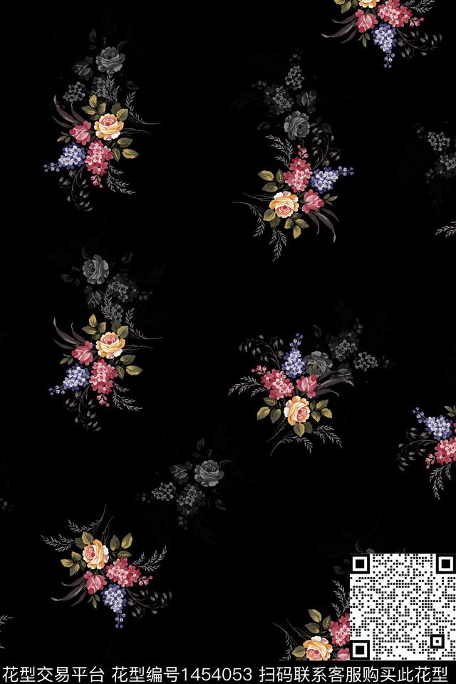 黑底花卉花卉大牌风数码印花华亿平台下载（图片编号: 1454053） - 瓦栏（Walan）