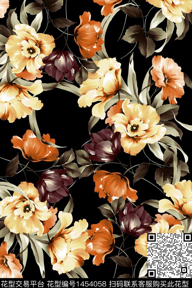 黑底花卉花卉大牌风数码印花华亿平台下载（图片编号: 1454058） - 瓦栏（Walan）