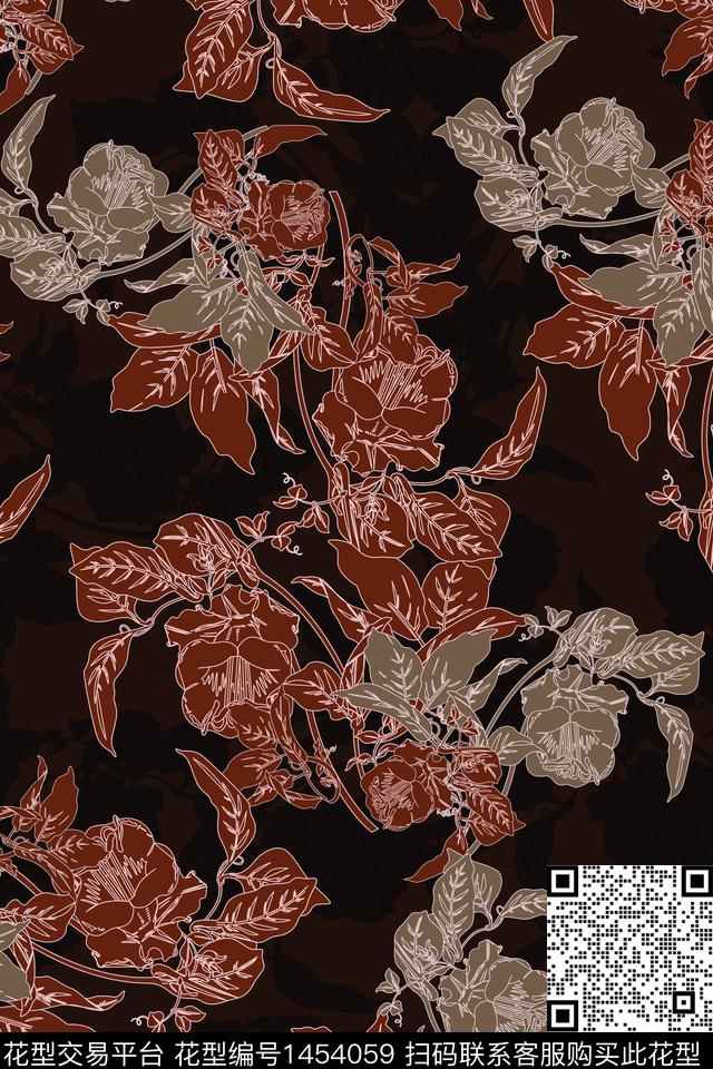 黑底花卉花卉大牌风数码印花华亿平台下载（图片编号: 1454059） - 瓦栏（Walan）