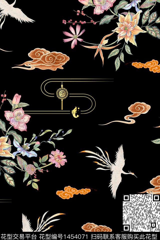 黑底花卉仙鹤大牌风数码印花华亿平台下载（图片编号: 1454071） - 瓦栏（Walan）