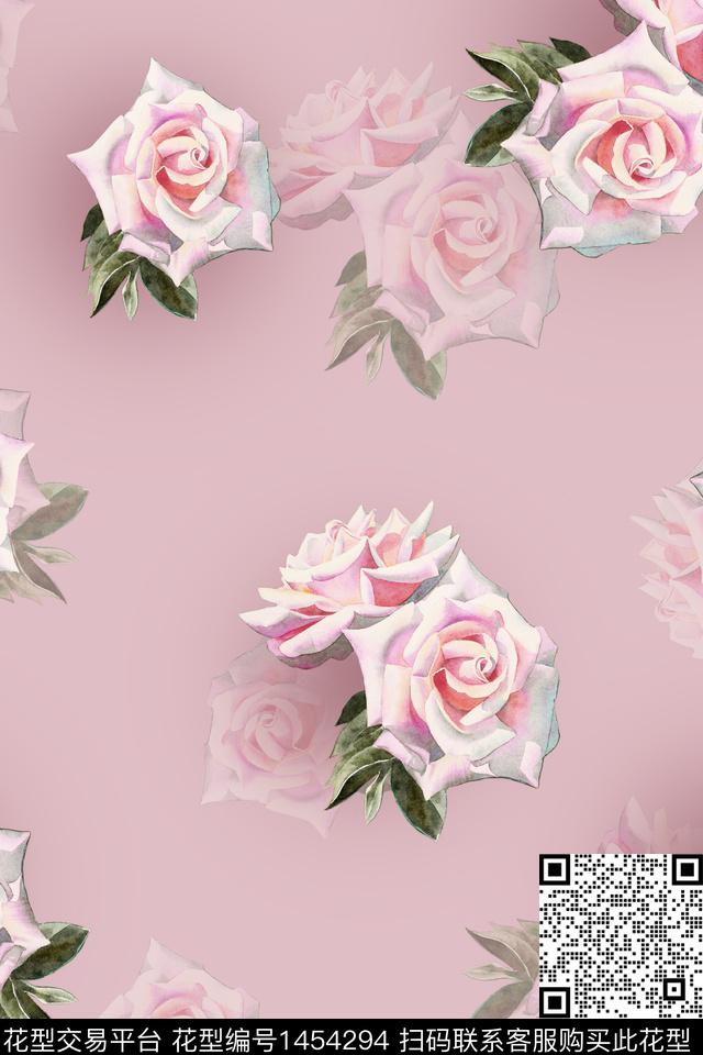 玫瑰花花卉大牌风数码印花华亿平台下载（图片编号: 1454294） - 瓦栏（Walan）