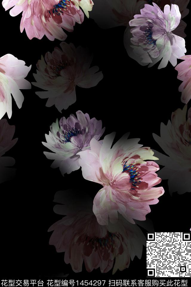 黑底花卉花卉大牌风数码印花华亿平台下载（图片编号: 1454297） - 瓦栏（Walan）