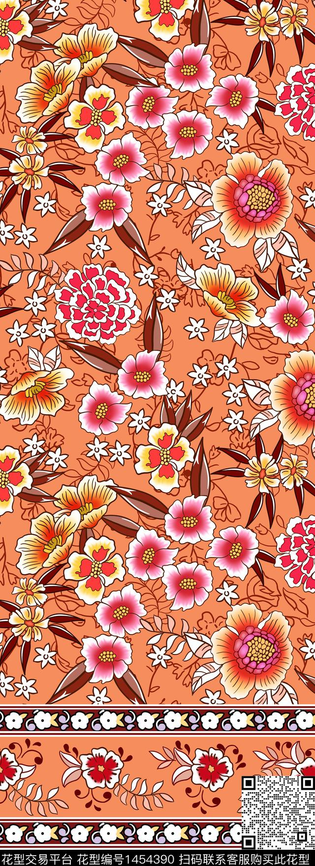 民族花卉定位花复古数码印花华亿平台下载（图片编号: 1454390） - 瓦栏（Walan）