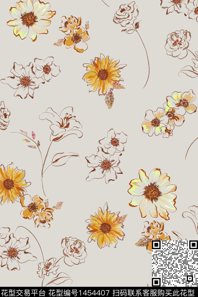 手绘花卉抽象小碎花数码印花华亿平台下载（图片编号: 1454407） - 瓦栏（Walan）