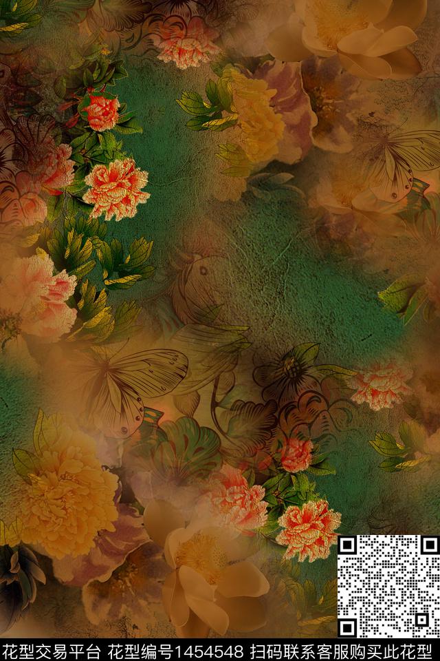 花卉香云纱中国风数码印花华亿平台下载（图片编号: 1454548） - 瓦栏（Walan）