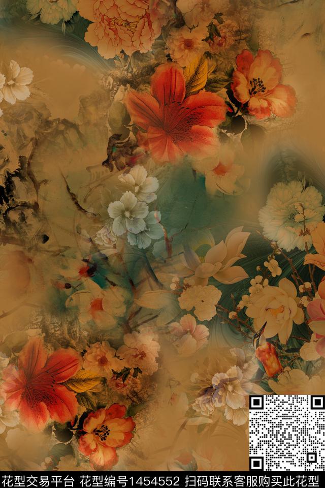 花卉香云纱中国风数码印花华亿平台下载（图片编号: 1454552） - 瓦栏（Walan）
