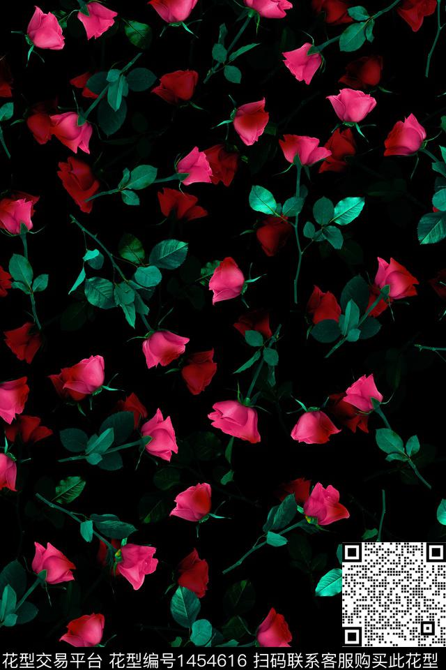 玫瑰花花卉大牌风数码印花华亿平台下载（图片编号: 1454616） - 瓦栏（Walan）