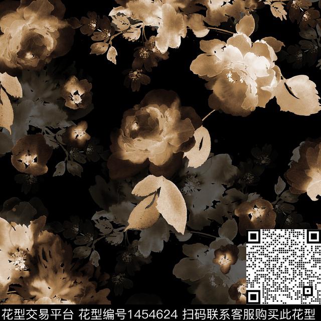 黑底花卉水彩抽象花卉传统印花华亿平台下载（图片编号: 1454624） - 瓦栏（Walan）