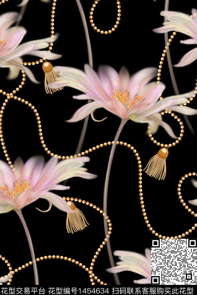 黑底花卉链条大牌风传统印花华亿平台下载（图片编号: 1454634） - 瓦栏（Walan）